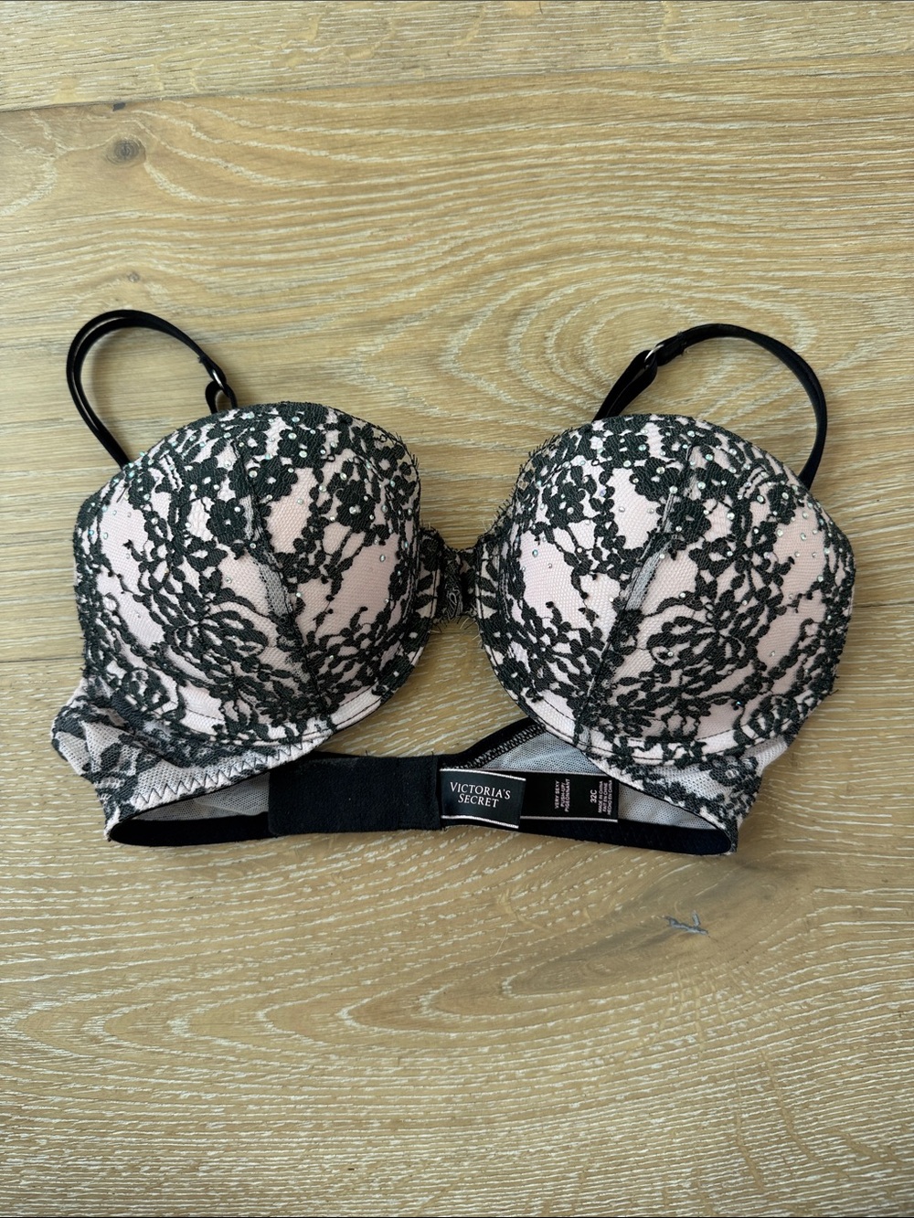 Victoria's Secret Bombshell Black Lace Overlay Pink Push-Up Bra Size 32C